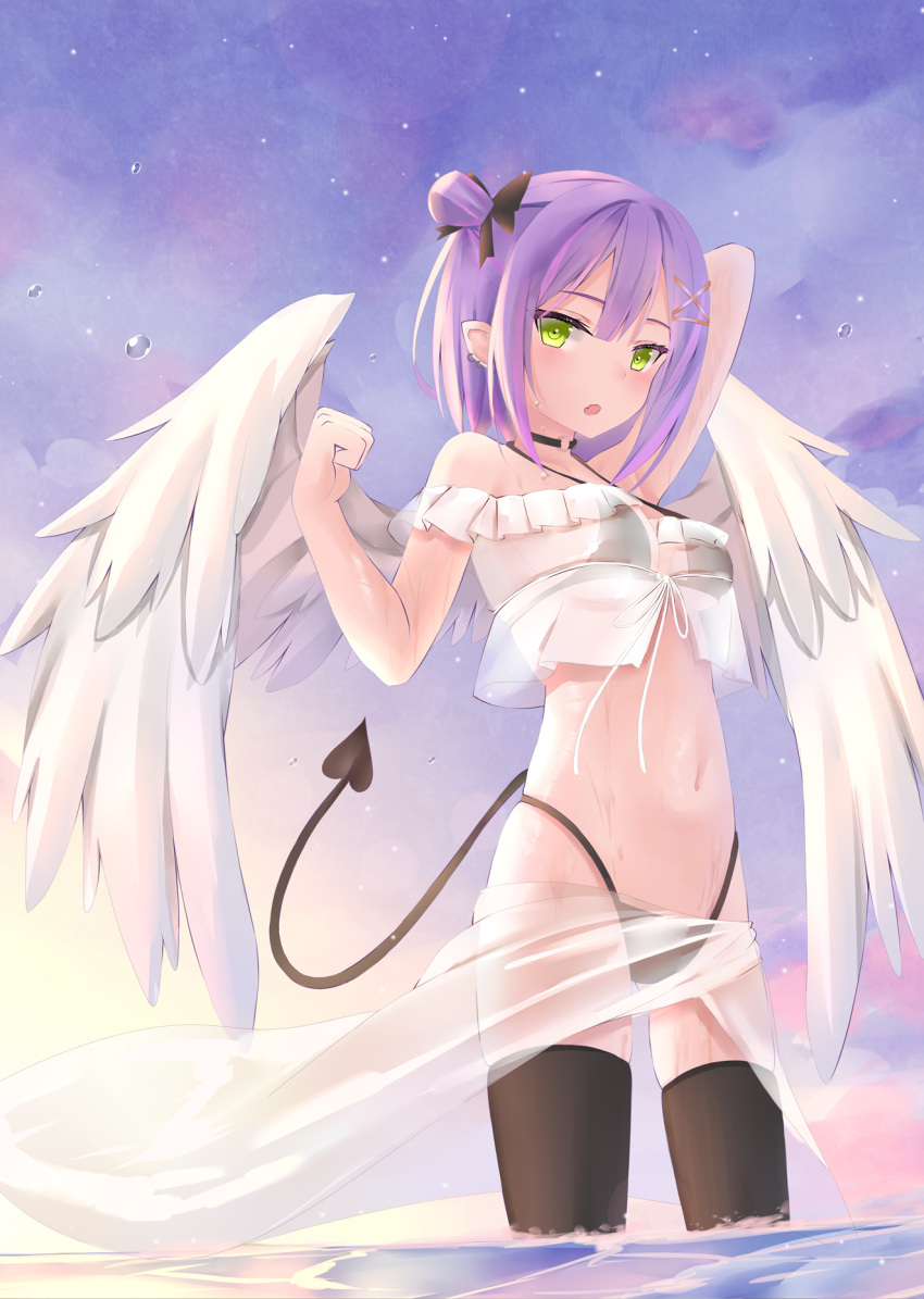 :o angel_wings arm_up arms_behind_head bare_shoulders bikini black_bikini black_choker black_ribbon black_thighhighs blunt_bangs blush bubble choker cowboy_shot demon_girl demon_tail ear_piercing feathered_wings female frilled_shirt frills front-tie_top green_eyes hair_bun hair_ornament hair_ribbon hairclip halterneck harada_haruki highres hololive looking_at_viewer medium_hair multicolored_hair navel o-ring o-ring_choker off-shoulder_shirt off_shoulder open_mouth outdoors piercing pink_hair pointy_ears purple_hair ribbon sarong see-through shirt sidelocks single_side_bun skindentation sky solo streaked_hair string_bikini sunset swimsuit tail thighhighs tokoyami_towa twilight underwear virtual_youtuber wading water wet white_sarong white_wings wings x_hair_ornament