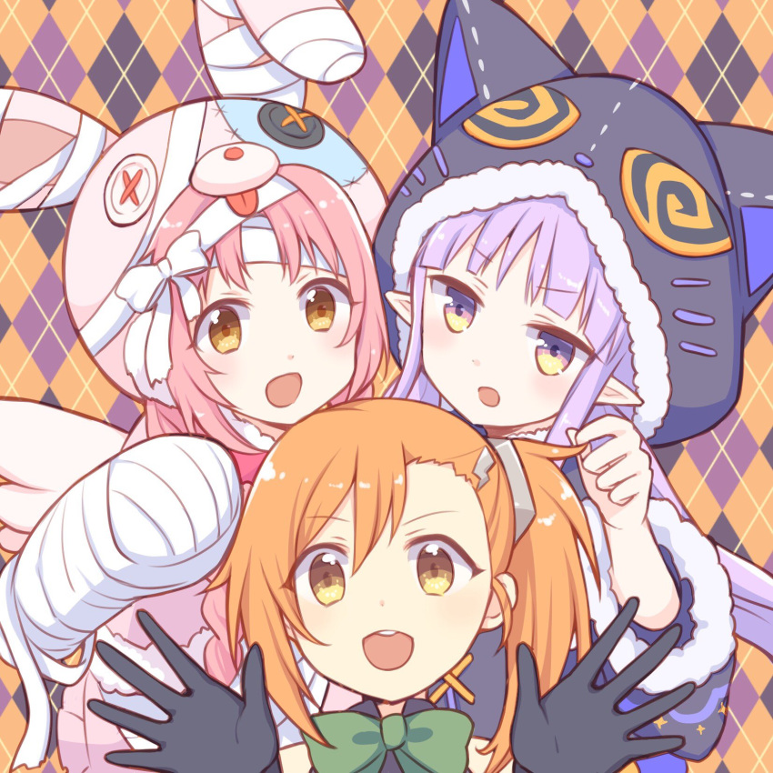 3girls :d alternate_costume animal_ears animal_hat animal_hood argyle_background bandaged_hand bandaged_head bandages black_gloves black_jacket blush bow brown_eyes button_eyes buttons capelet cat_ears cat_hood commentary_request elf fake_animal_ears fur-trimmed_capelet fur-trimmed_hood fur-trimmed_sleeves fur_trim gloves green_bow gucchiann hair_ornament hand_up hat highres hood hood_up jacket kyoka_(halloween)_(princess_connect!) kyoka_(princess_connect!) lightning_bolt_hair_ornament lightning_bolt_symbol long_hair long_sleeves looking_at_viewer mimi_(halloween)_(princess_connect!) mimi_(princess_connect!) misogi_(halloween)_(princess_connect!) misogi_(princess_connect!) multiple_girls nut_(hardware) nut_hair_ornament open_mouth orange_hair pink_capelet pink_hair pointy_ears portrait princess_connect! purple_eyes purple_hair rabbit_hat ribbon side_ponytail smile wide_sleeves