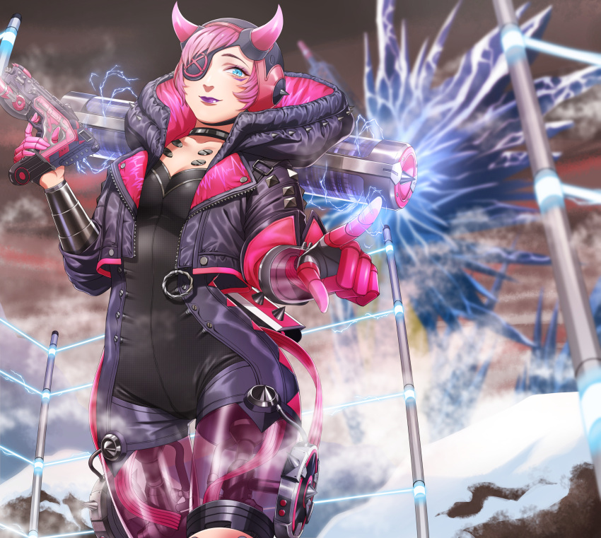 alternator animification apex_legends black_bodysuit black_headwear black_jacket blue_eyes bodysuit breasts cleavage crystal cyber_punked_wattson cyberpunk electricity eyepatch female fence gun highres holding holding_gun holding_weapon horns in-universe_location jacket lipstick looking_down makeup mechanical_arms mechanical_legs one_eye_covered pink_hair pointing purple_lips single_mechanical_arm smile solo sumino_akasuke wattson_(apex_legends) weapon world's_edge