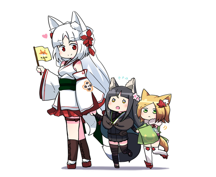 3girls :< aged_down animal_ear_fluff animal_ears black_capelet black_dress black_footwear blunt_bangs capelet detached_sleeves dress flag flower flying_sweatdrops fox_ears fox_print fox_tail fur_collar green_eyes hair_flower hair_ornament heart holding holding_flag holding_hands japanese_clothes kitsunegasaki_tametsugu_(tenka_hyakken) kogitsunemaru_(tenka_hyakken) lace-up_legwear leaf leaf_hair_ornament long_hair looking_at_another looking_back maple_leaf motion_lines multiple_girls nakigitsune_(tenka_hyakken) obi open_mouth orange-bird parted_bangs print_sleeves red_eyes red_footwear sash short_hair sleeveless smile tail tenka_hyakken thigh_strap thighhighs veil white_background wide_sleeves yellow_eyes