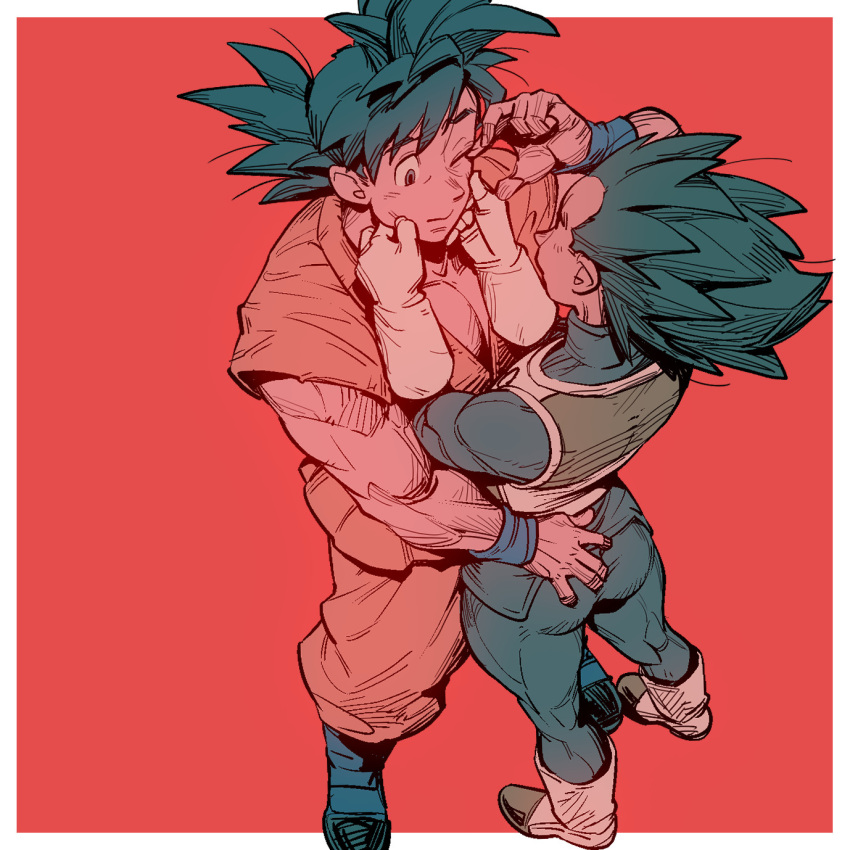 2boys ass ass_grab bara blue_bodysuit bodysuit cheek_pinching commentary_request couple dougi dragon_ball dragon_ball_super foreshortening from_above grabbing_another's_ass groping highres male_focus multiple_boys muscular muscular_male orange_background pectoral_cleavage pectorals pinching receding_hairline short_hair sideburns son_goku spiked_hair supobi thick_eyebrows vegeta yaoi