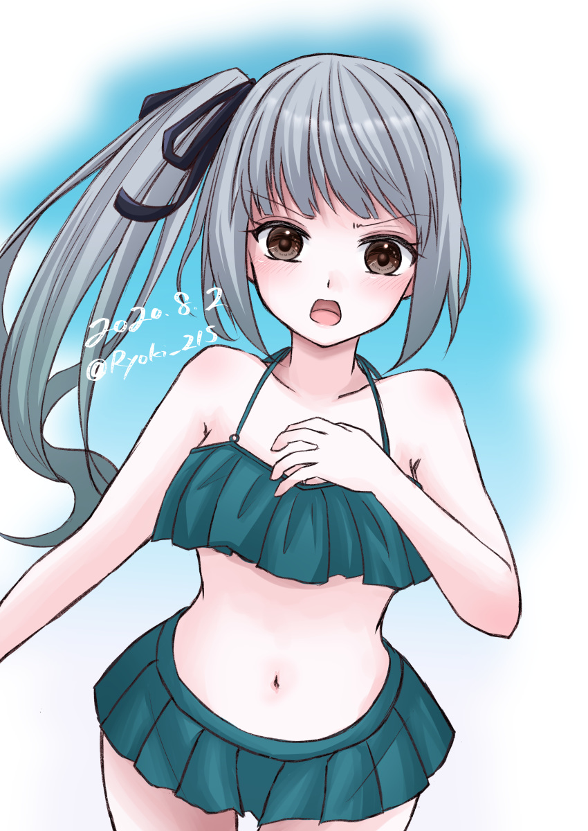 absurdres alternate_costume bare_shoulders bikini black_ribbon blush brown_eyes dated female frilled_bikini frills green_bikini grey_hair hair_ribbon highres kantai_collection kasumi_(kancolle) kasumi_kai_ni_(swimsuit_mode)_(kancolle) long_hair looking_at_viewer midriff navel official_alternate_costume one-hour_drawing_challenge open_mouth ribbon ryouki_(ryoki_215) side_ponytail solo swimsuit twitter_username