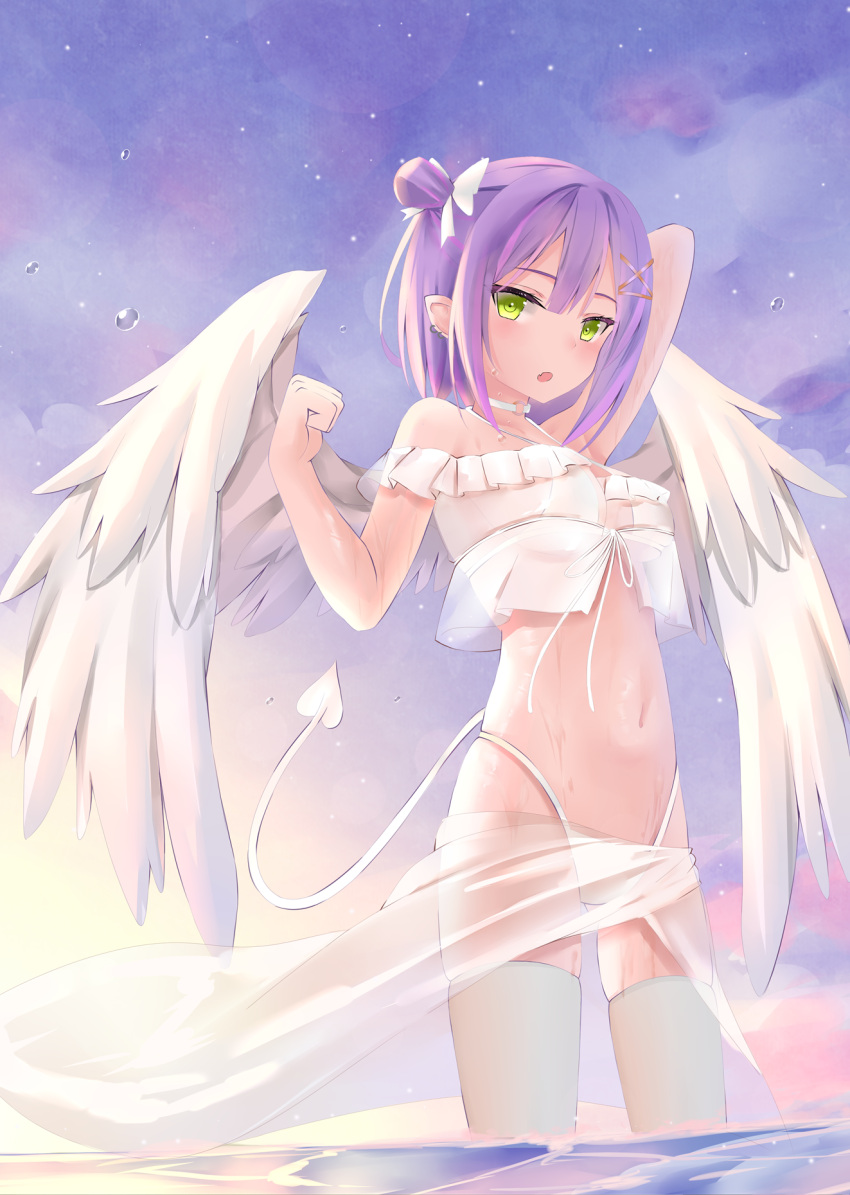 :o angel_wings arm_up arms_behind_head bare_shoulders bikini blunt_bangs blush bubble choker cowboy_shot demon_girl demon_tail ear_piercing feathered_wings female frilled_shirt frills front-tie_top green_eyes hair_bun hair_ornament hair_ribbon hairclip halterneck harada_haruki highres hololive looking_at_viewer medium_hair multicolored_hair navel o-ring o-ring_choker off-shoulder_shirt off_shoulder open_mouth outdoors piercing pink_hair pointy_ears purple_hair ribbon sarong see-through shirt sidelocks single_side_bun skindentation sky solo streaked_hair string_bikini sunset swimsuit tail thighhighs tokoyami_towa twilight underwear virtual_youtuber wading water wet white_bikini white_choker white_ribbon white_sarong white_thighhighs white_wings wings x_hair_ornament