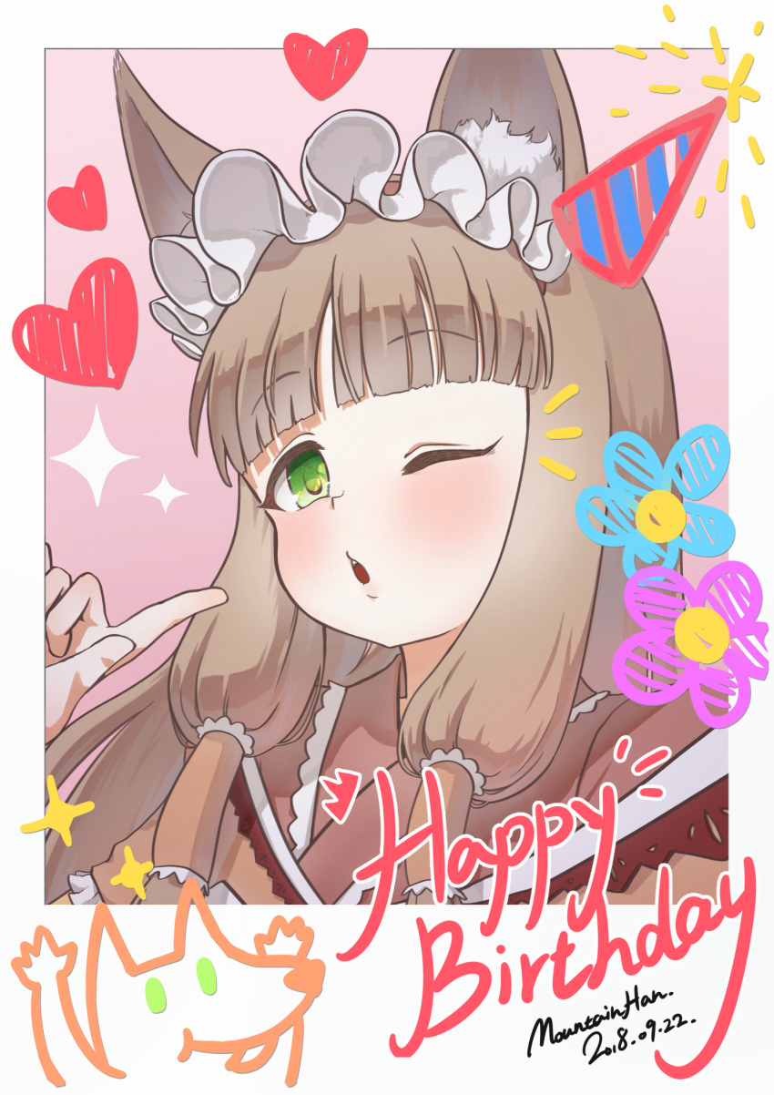 \m/ animal_ear_fluff animal_ears artist_name blunt_bangs blush border brown_hair crayon_drawing dated english_text female fox_ears fox_girl green_eyes hair_ornament hair_tubes hand_up happy_birthday heart highres index_finger_raised looking_at_viewer maho_(princess_connect!) mountain_han notice_lines one_eye_closed parted_lips photo_booth pointing pointing_at_self princess_connect! signature solo upper_body white_border