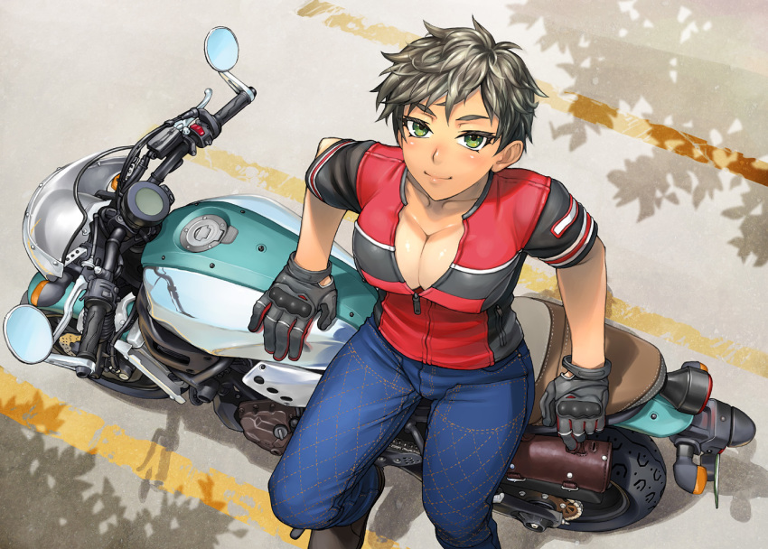 bang-you black_gloves black_hair blush breasts cleavage commentary_request dark-skinned_female dark_skin denim female gloves green_eyes jacket jeans large_breasts looking_up motor_vehicle motorcycle original outdoors pants photoshop_(medium) shadow short_hair sitting smile solo tan tanlines tomboy