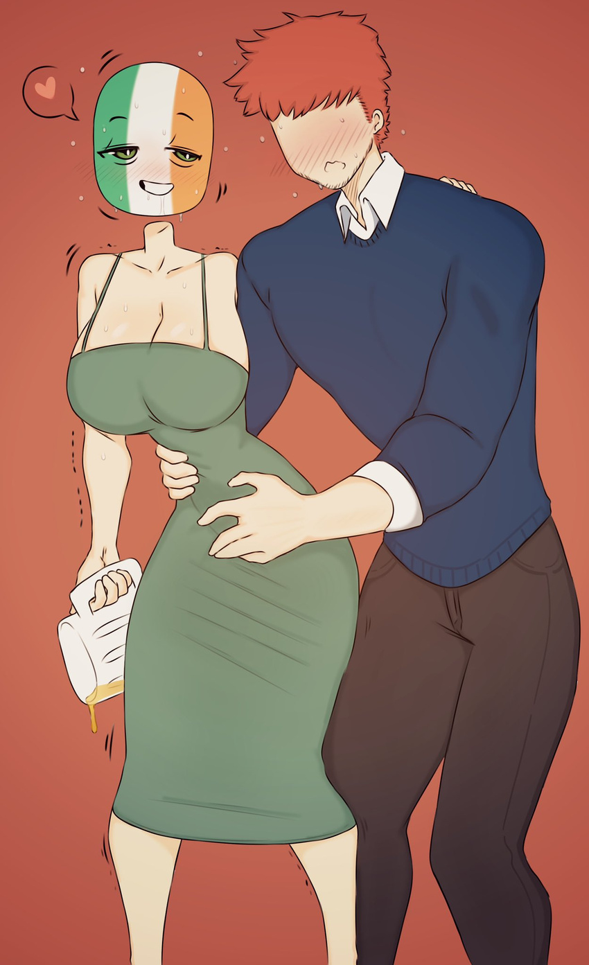 1boy 1girls 2024 beer beer_mug big_breasts blush blushing_profusely clothed clothed_female clothed_male clothing countryhumans countryhumans_girl drunk european european_female faceless_male female flawsy heart hourglass_figure ireland_(countryhumans) male pale-skinned_female pale-skinned_male pale_skin red_background sweat tagme