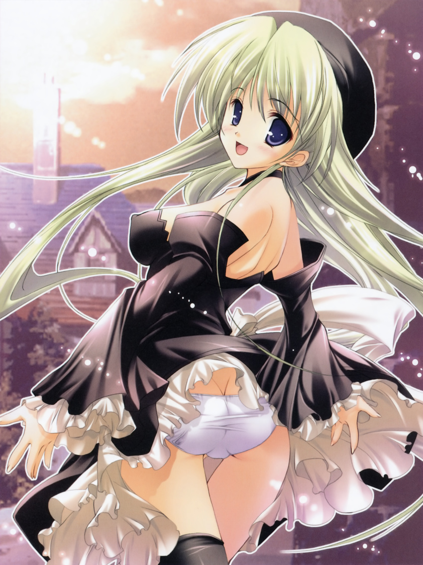 :d absurdres ass black_dress black_thighhighs blue_eyes breasts butt_crack copyright_request covered_nipples detached_sleeves dress female green_hair hat highres looking_back medium_breasts misakura_nankotsu open_mouth panties smile solo thighhighs underwear white_panties