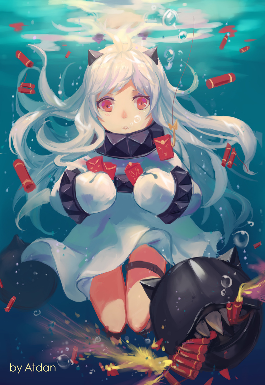 absurdres ahoge angpao artist_name atdan dress enemy_aircraft_(kantai_collection) firecrackers highres horns kantai_collection long_hair looking_at_viewer mittens northern_ocean_hime ocean pale_skin parted_lips red_eyes revision shinkaisei-kan submerged underwater white_dress white_hair