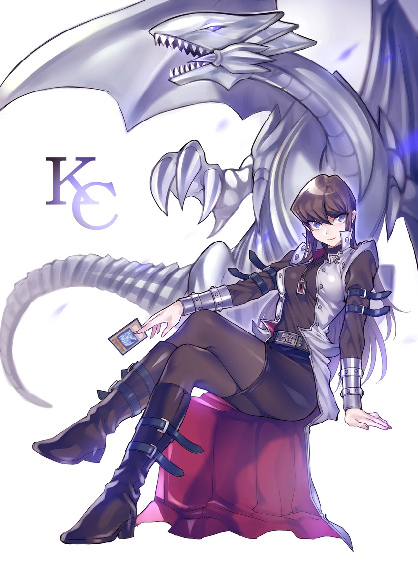 absurdres arm_support bad_id bad_pixiv_id black_pantyhose black_shirt black_shorts blue-eyes_white_dragon blue-eyes_white_dragon_(card) blue_eyes brown_hair card duel_monster female full_body genderswap_(mtf) high_heels highres holding holding_card kaiba_seto long_hair looking_at_viewer maruchi pantyhose pantyhose_under_shorts rule_63 shirt shorts sitting smile solo yu-gi-oh!