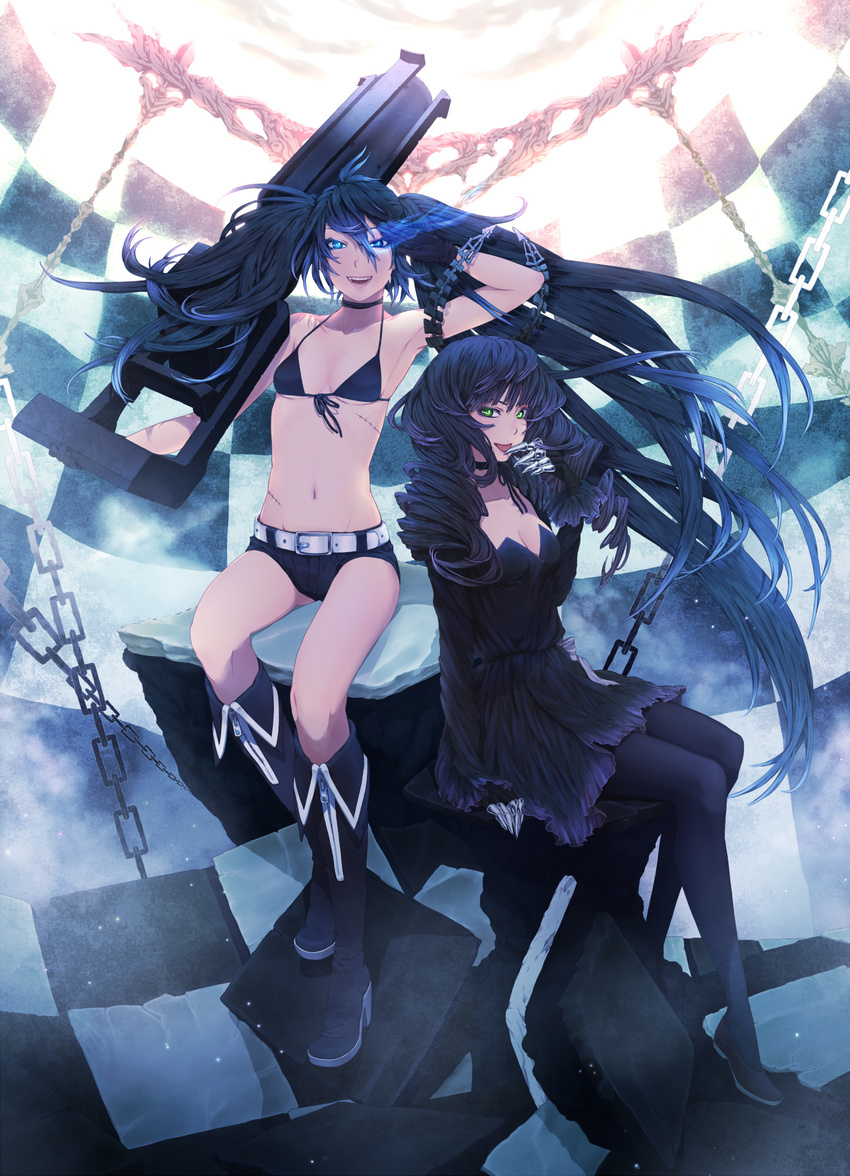 2girls armpits bare_shoulders belt belt_buckle bikini bikini_top_only black_bikini black_footwear black_rock_shooter black_rock_shooter_(character) black_shorts boots breasts buckle checkered commentary_request dead_master front-tie_bikini_top front-tie_top full_body halterneck highres knee_boots looking_at_viewer midriff multiple_girls navel nayu no_shirt salute scar short_shorts shorts sitting small_breasts stomach swimsuit tongue tongue_out twintails