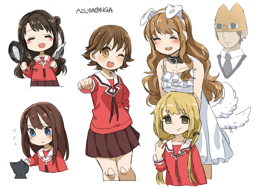 1boy 5girls :d :t ;d ^_^ animal_ears animal_hat azumanga_daioh's_school_uniform azumanga_daiou black_hair blonde_hair blue_eyes blush brown_eyes brown_hair cat_hat closed_eyes collar commentary_request cosplay dog_ears dog_tail dress eating fake_animal_ears flying_sweatdrops frying_pan futaba_anzu hairband half_updo hat height_difference highres honda_mio idolmaster idolmaster_cinderella_girls kamineko kasuga_ayumu kasuga_ayumu_(cosplay) kitchen_knife knife long_hair mihama_chiyo mihama_chiyo's_father mihama_chiyo's_father_(cosplay) mihama_chiyo_(cosplay) moroboshi_kirari multiple_girls new_generations_(idolmaster) one_eye_closed one_side_up open_mouth orange_hair parody pink_serafuku pink_shirt producer_(idolmaster) producer_(idolmaster_cinderella_girls_anime) sakaki_(azumanga_daioh) sakaki_(azumanga_daioh)_(cosplay) school_uniform serafuku shibuya_rin shimamura_uzuki shirt smile spawnfoxy tadakichi-san tadakichi-san_(cosplay) tail tail_wagging takino_tomo takino_tomo_(cosplay) very_long_hair white_background white_dress winter_uniform