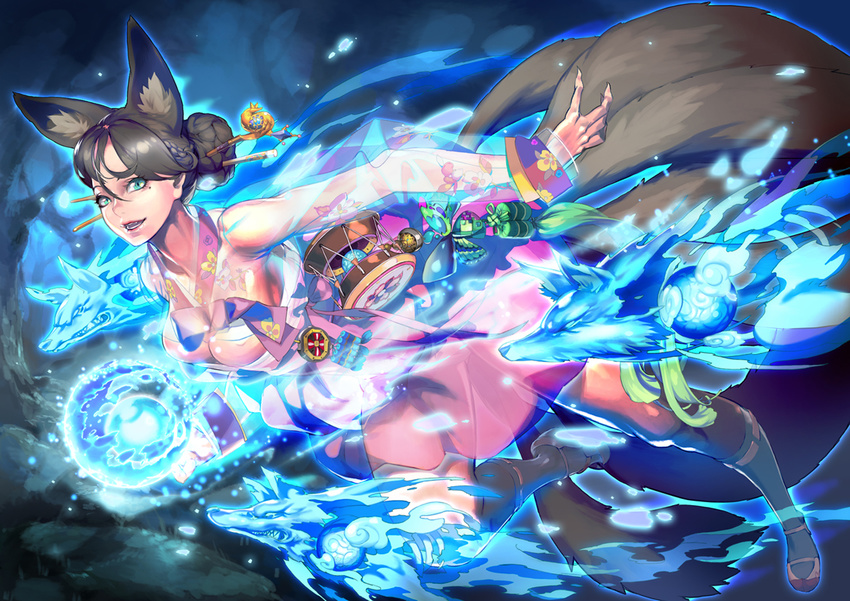 :d ahri_(league_of_legends) alternate_costume alternate_eye_color alternate_hairstyle animal_ears aqua_eyes black_hair blue_fire braid breasts bug butterfly claws commentary_request dynasty_ahri fangs female fire fox fox_ears fox_tail french_braid from_side glowing gomusin hair_between_eyes hair_bun hair_ornament hair_stick kneehighs korean_clothes large_breasts league_of_legends leg_up long_sleeves looking_at_viewer lucy_(bechoco) magic mole mole_under_eye multiple_tails open_mouth parted_bangs photoshop_(medium) ribbon_trim shoes short_hair single_hair_bun smile socks solo tail