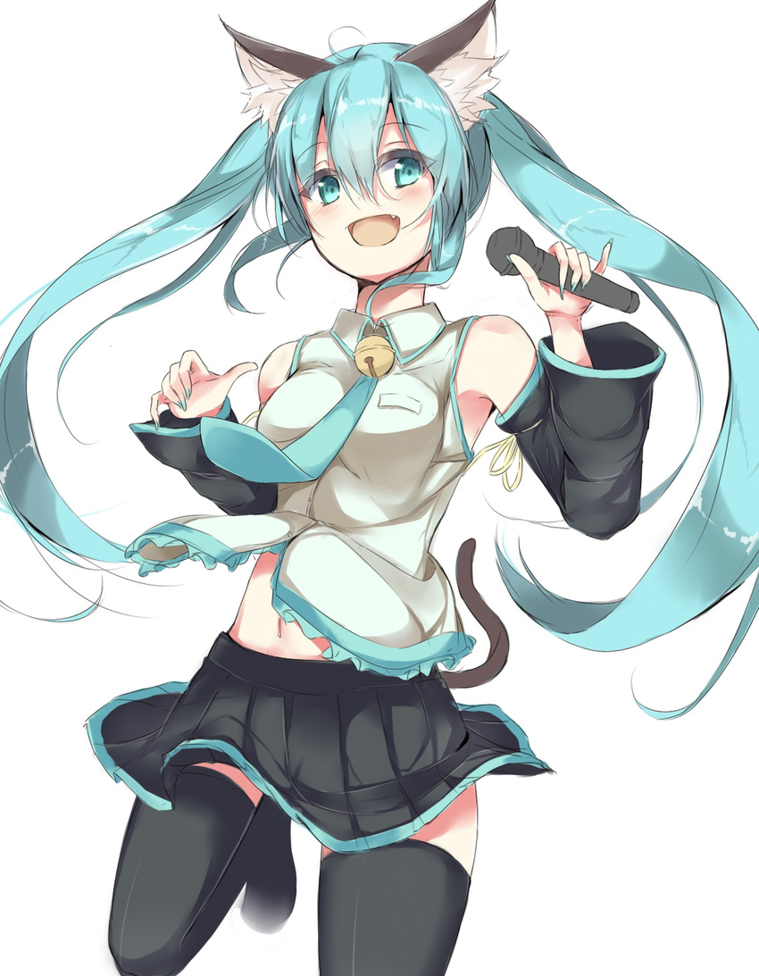 :d animal_ears aoi_takeru aqua_eyes aqua_hair aqua_nails aqua_necktie bare_shoulders bell black_footwear black_skirt black_thighhighs boots cat_ears cat_tail collar commentary_request detached_sleeves female fingernails hatsune_miku highres holding holding_microphone kemonomimi_mode leg_up long_hair microphone nail_polish navel neck_bell necktie oerba_yun_fang open_mouth pleated_skirt simple_background skirt sleeveless smile solo tail thigh_boots thighhighs twintails very_long_hair vocaloid white_background