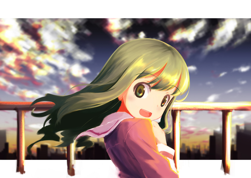 cloud commentary_request female green_eyes green_hair highres kitayuki_(kitayuki88) kohana_rin long_hair looking_at_viewer open_mouth sky smile sore_ga_seiyuu!