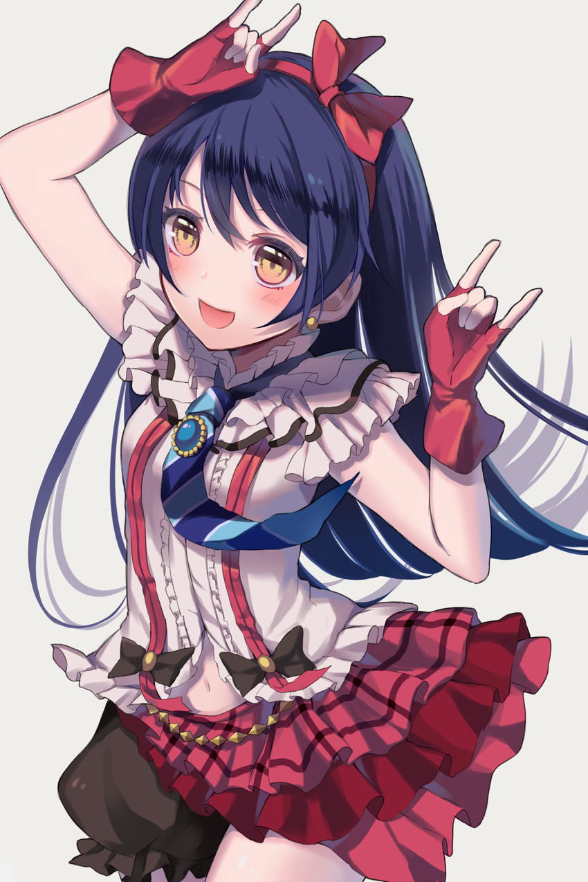 \n/ blue_hair blush bokura_wa_ima_no_naka_de commentary_request double_\n/ female fingerless_gloves fuyuzima gloves half-skirt highres long_hair love_live! love_live!_school_idol_project open_mouth smile solo sonoda_umi