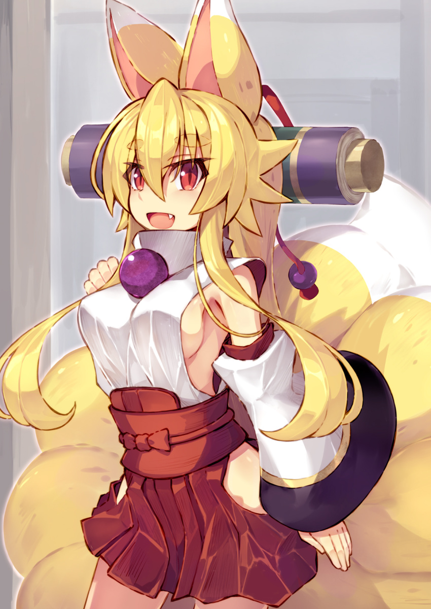 :d animal_ears blonde_hair breasts female fox_ears fox_girl fox_tail hair_between_eyes highres izuna_(shinrabanshou) japanese_clothes kitsune kyuubi long_hair looking_at_viewer medium_breasts miko multiple_tails oerba_yun_fang open_mouth red_eyes saru_000 shinrabanshou shirt sideboob smile solo tail thick_eyebrows white_shirt