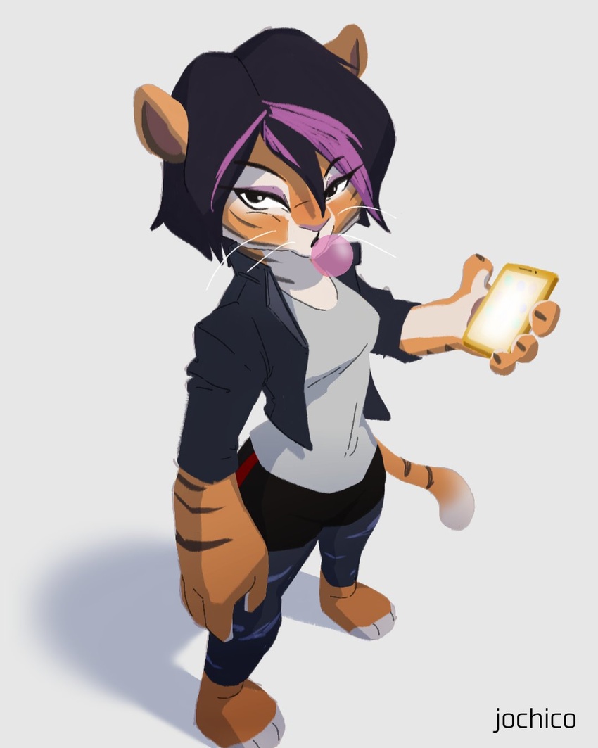 4:5 anthro big_hero_6 cellphone clothed clothing crossover disney dreamworks electronics felid female gogo_tomago hair hi_res jochico kung_fu_panda mammal master_tigress pantherine phone smartphone solo tiger