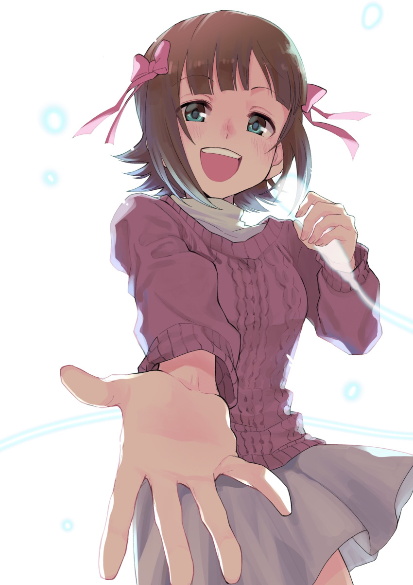 :d amami_haruka aqua_eyes blush bow brown_hair commentary_request cowboy_shot female grey_skirt hairbow hand_up highres holding holding_microphone idolmaster idolmaster_(classic) kyouno long_sleeves microphone open_mouth pink_bow pink_sweater ribbed_sweater short_hair skirt smile solo sweater teeth upper_teeth_only