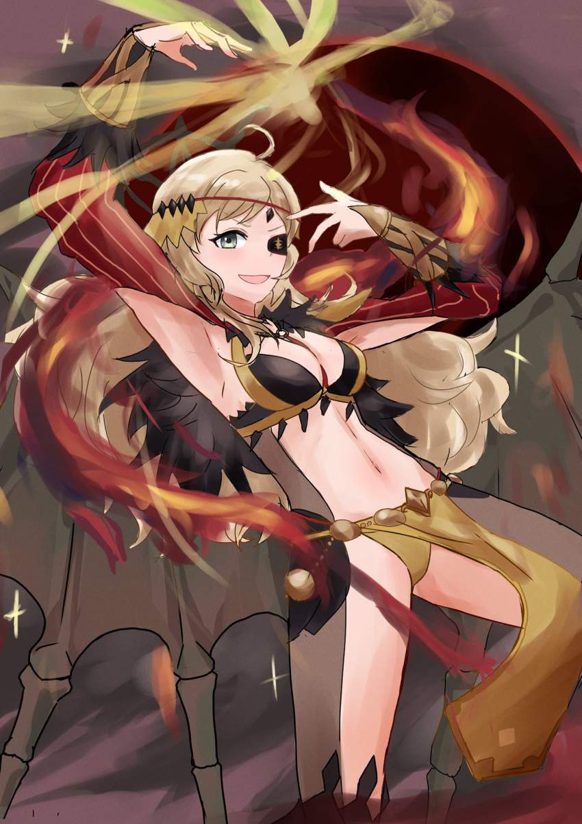 ahoge armored_boots armpits bat_wings black_feathers blonde_hair bodystocking book boots breasts circlet cleavage detached_collar feathers fee_(oskna1) female fire_emblem fire_emblem_fates fire_emblem_heroes floating_clothes grey_eyes hair_ornament heel-less_legwear highres holding holding_book kneehighs long_hair looking_at_viewer magic medium_breasts navel o-ring official_alternate_costume open_mouth ophelia_(fire_emblem) ophelia_(starlit_maiden)_(fire_emblem) panties pantyhose pelvic_curtain puffy_sleeves shoulder_pads socks solo sparkle swept_bangs underwear wings yellow_panties