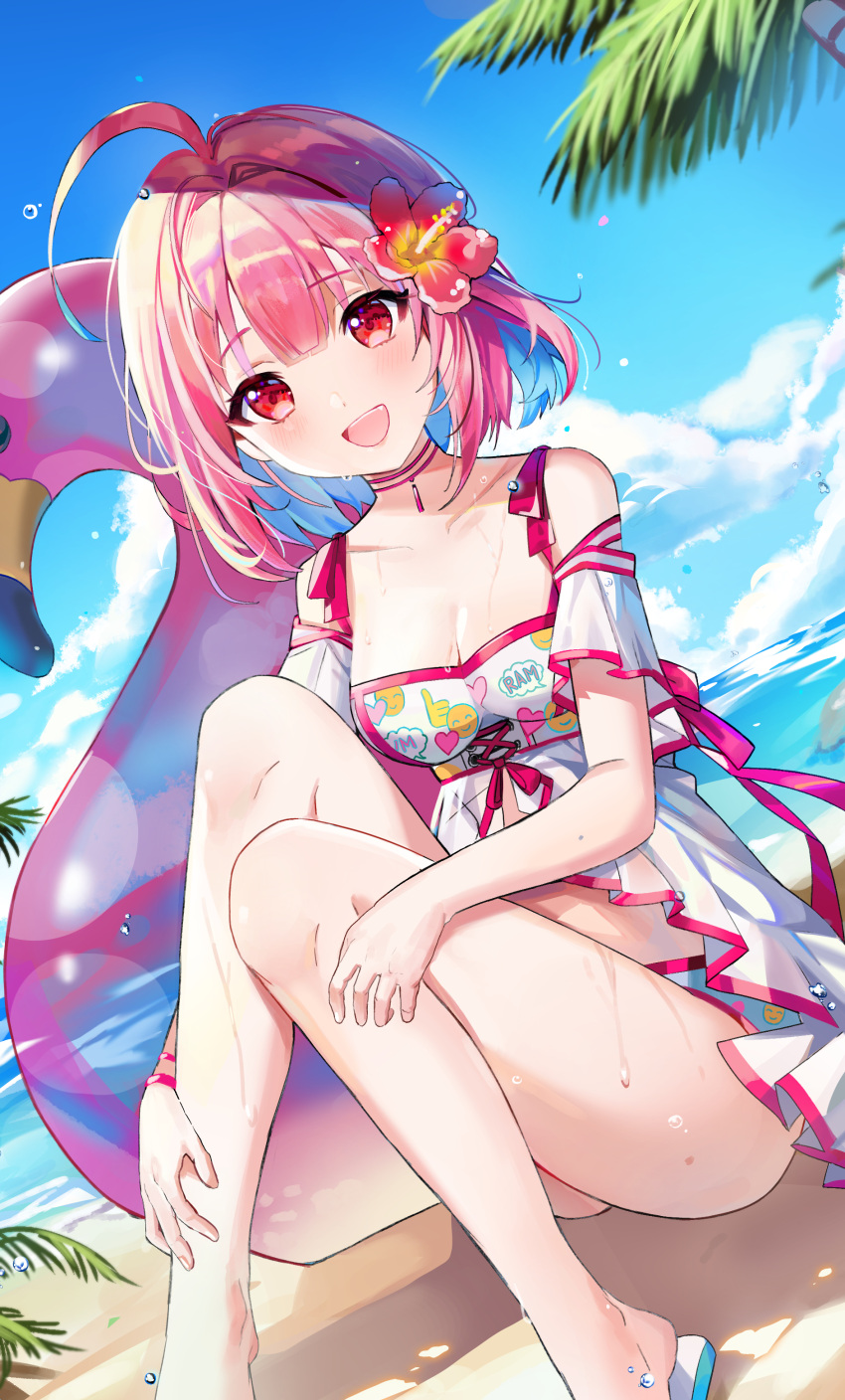 :d absurdres ahoge bad_id bad_twitter_id bare_legs bare_shoulders beach blue_hair blue_sky blush breasts choker cleavage clothes_writing cloud collarbone day dutch_angle feet_out_of_frame female flower hair_flower hair_ornament hibiscus highres idolmaster idolmaster_cinderella_girls inflatable_flamingo inflatable_toy knees_up kongya medium_breasts multicolored_hair ocean on_ground open_mouth outdoors pink_choker pink_hair pink_ribbon red_eyes red_flower ribbon short_hair short_sleeves sitting sky smile solo two-tone_hair water wristband yumemi_riamu