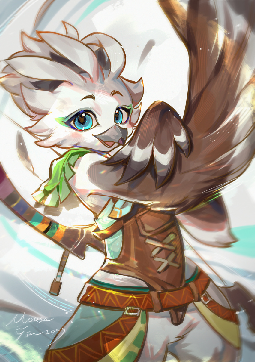 2023 anthro arm_markings avian beak biped bird blue_eyes bottomless bow_(weapon) capelet cheek_tuft clothed clothing colored digital_media_(artwork) eyebrows facial_markings facial_tuft feather_tuft feathered_wings feathers featureless_crotch green_capelet green_clothing green_facial_markings green_topwear grey_beak head_markings head_tuft hi_res looking_at_viewer male markings mouse_yin multicolored_body nintendo open_mouth open_smile ranged_weapon rito shaded shirt signature simple_background smile solo swallow_bow tears_of_the_kingdom the_legend_of_zelda topwear tuft tulin_(tloz) tunic weapon white_body white_feathers wing_markings winged_arms wings young young_anthro