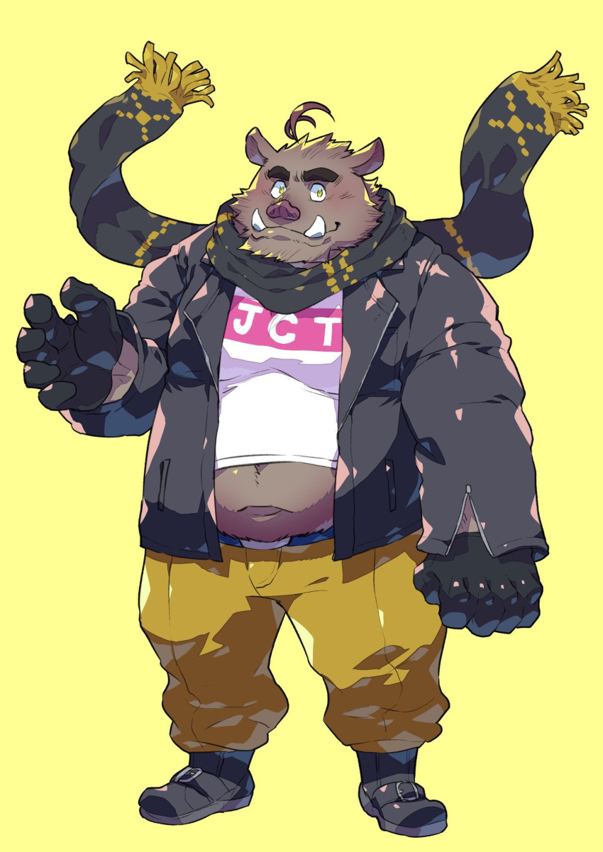 2021 anthro belly blush bottomwear brown_body clothed clothing hi_res humanoid_hands in_jekuto kemono male mammal navel overweight overweight_male pants scarf shirt simple_background solo star_parlor suid suina sus_(pig) topwear utau wild_boar