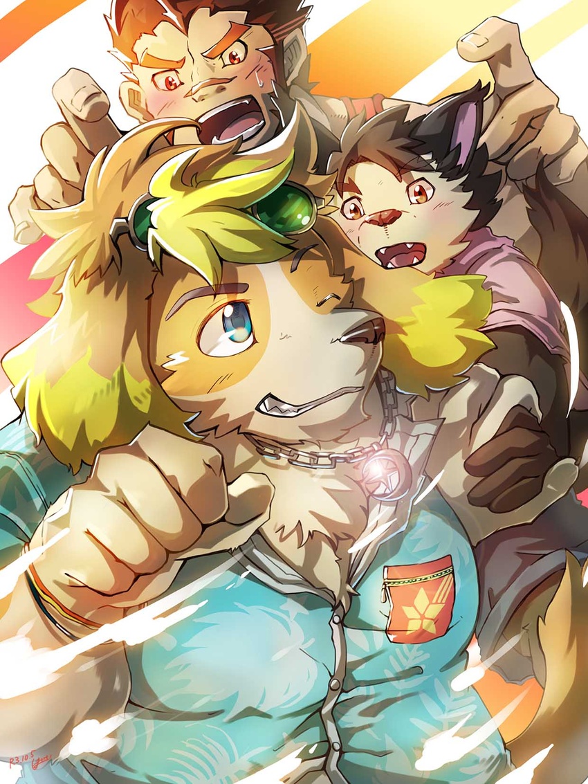 akashi_(live_a_hero) anthro blush canid canine canis dog_operator domestic_dog flirting floppy_ears group hand_holding hi_res hisaki_(live_a_hero) human jealous lifewonders live_a_hero male male/male mammal one_eye_closed scar shimazanbagu trio wink