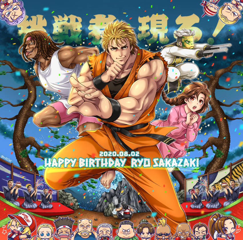 2girls 6+boys andy_bogard axel_hawk baseball_cap big_bear billy_kane blonde_hair braid braided_ponytail cheng_sinzan chibi dougi duck_king fatal_fury fatal_fury_cap geese_howard happy_birthday hat highres joe_higashi kim_kaphwan laurence_blood lee_pai_long_(ryuuko_no_ken) mickey_rogers miru_(mill_36) mohawk multiple_boys multiple_girls ryou_sakazaki ryuuko_no_ken shiranui_mai terry_bogard the_king_of_fighters toudou_ryuuhaku wolfgang_krauser yamada_jubei yuri_sakazaki