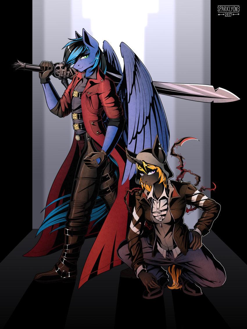 2019 absurd_res alex_mercer anthro black_body black_fur blacklight_virus_(prototype) blacklight_virus_mutant_(prototype) blonde_mane blue_body blue_feathers blue_fur blue_hair blue_tail blue_wings bottomwear capcom cell_(organism) clothing crossover crouching dante_(dmc) devil_may_cry duo duster_coat equid equine fan_character feathered_wings feathers female fur hair hasbro hi_res horn horse jacket leather leather_bottomwear leather_clothing leather_pants male mammal mane melee_weapon micro_organism_(organism) my_little_pony mythological_creature mythological_equine mythology pants pegasus pony prototype_(series) sparklyon3 sword tail topwear unicorn virus_(organism) walking weapon wings yellow_tail