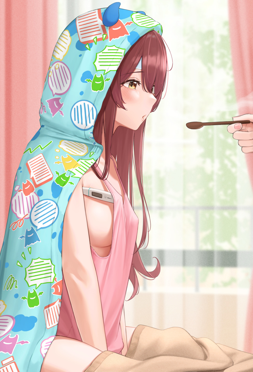 absurdres bad_id bad_pixiv_id blanket blowing blue_hoodie breasts commentary_request demon_horns digital_thermometer female fever from_side hibinpo highres hood hood_up hoodie horns idolmaster idolmaster_shiny_colors indoors long_hair osaki_tenka patch pink_tank_top red_hair sideboob solo_focus spoon tank_top thermometer