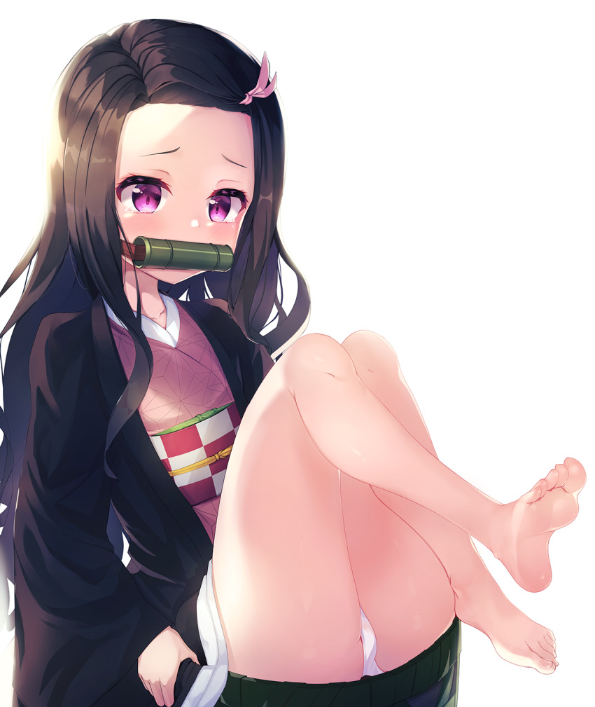 2drr ass bad_anatomy bad_proportions bamboo bare_legs barefoot bit_gag black_hair blush checkered_sash female forehead gag hair_ribbon highres japanese_clothes kamado_nezuko kimetsu_no_yaiba kimono knees_up long_hair long_sleeves looking_at_viewer md5_mismatch mouth_hold obi open_clothes panties pantyshot parted_bangs pink_kimono pink_ribbon purple_eyes ribbon sash simple_background sitting sleeves_past_wrists soles solo tears underwear very_long_hair white_background white_panties