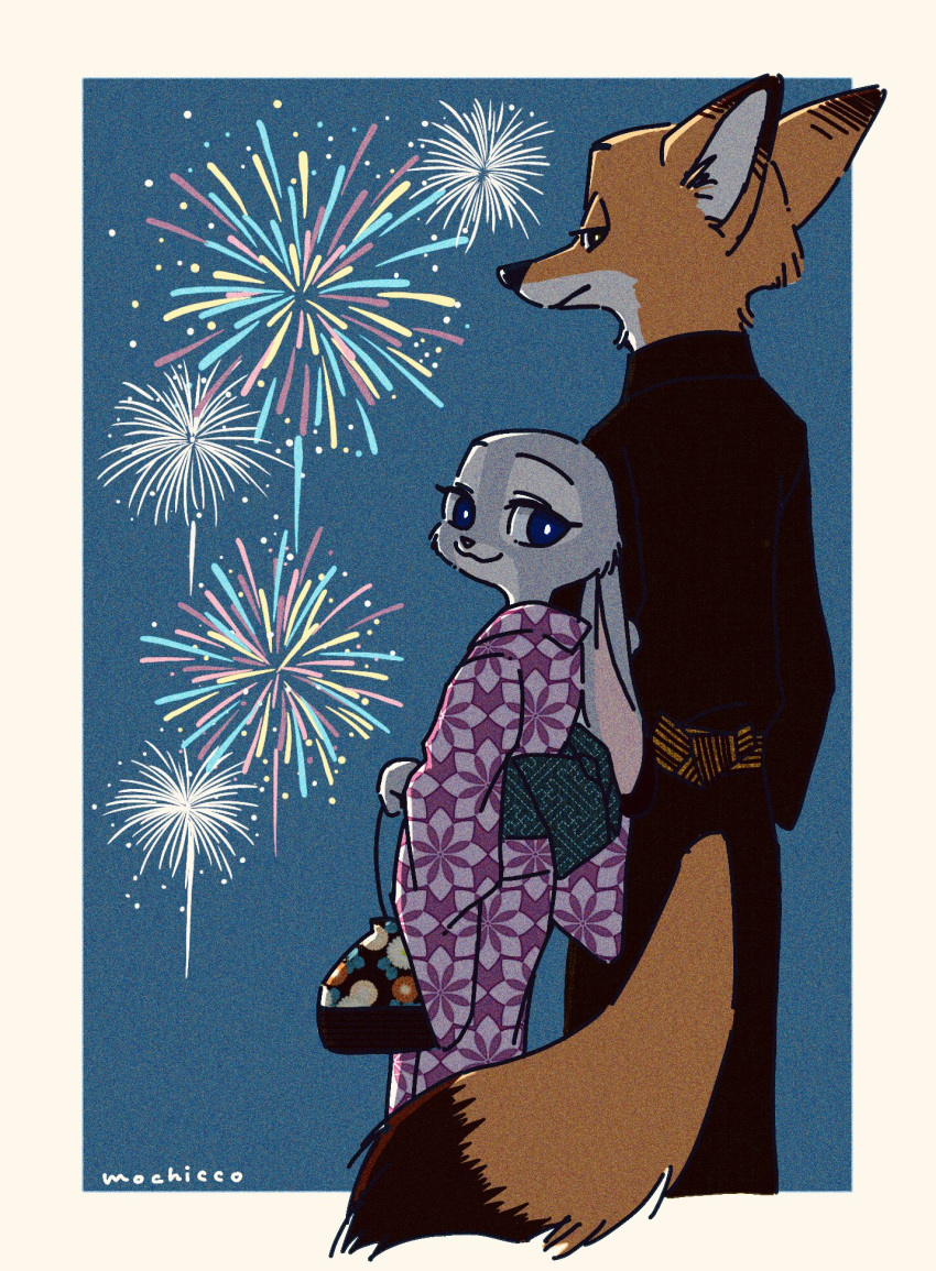 2020 anthro asian_clothing blue_background border canid canine clothed clothing disney duo east_asian_clothing female fireworks fox fully_clothed fur grey_body grey_fur hi_res holding_object japanese_clothing judy_hopps kimono lagomorph leporid looking_at_viewer looking_back male mammal mochicco nick_wilde rabbit red_fox simple_background smile true_fox white_border zootopia