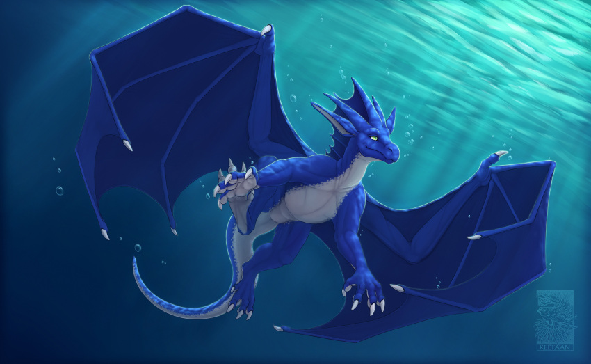 2021 ambiguous_gender claws digital_media_(artwork) dragon european_mythology feral firondraak green_eyes hi_res horn keltaan membrane_(anatomy) membranous_wings mythological_creature mythological_scalie mythology scales scalie solo spines tail underwater water western_dragon wings