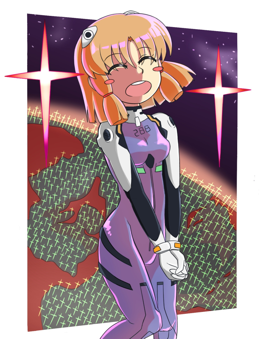 blonde_hair blush_stickers bodysuit breasts commentary_request cookie_(touhou) cross eyes_visible_through_hair feet_out_of_frame female gloves gomimaro hair_between_eyes hand_on_own_hip highres kaibara_elena_(cookie) lcl long_bangs moriya_suwako neon_genesis_evangelion open_mouth pilot_suit plugsuit purple_bodysuit purple_sky round_teeth short_hair sidelocks sky small_breasts smile solo teeth the_end_of_evangelion third_impact touhou upper_teeth_only white_gloves