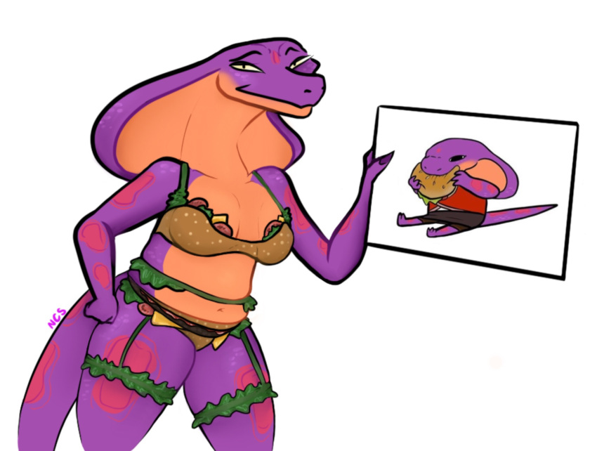 bra breasts burger burger_lingerie clothed clothing cobra countershading eating female food hi_res humor keeshee lamarian looking_at_viewer meme meme_clothing ncs purple_body reptile scalie signature simple_background sitting smug snake snake_hood solo spots toony underwear white_background