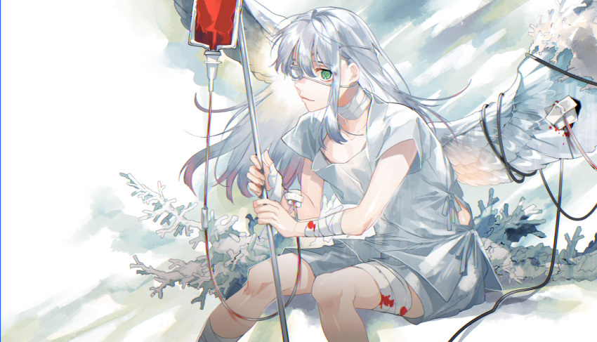 1boy angel angel_wings bandaged_arm bandaged_hand bandaged_leg bandaged_neck bandages blood blood_bag blood_donation closed_mouth collarbone coral eyepatch eyes_visible_through_hair feathered_wings fingernails green_eyes hair_between_eyes holding intravenous_drip kyouichi long_hair male_focus medical_eyepatch original sitting smile solo white_hair wings