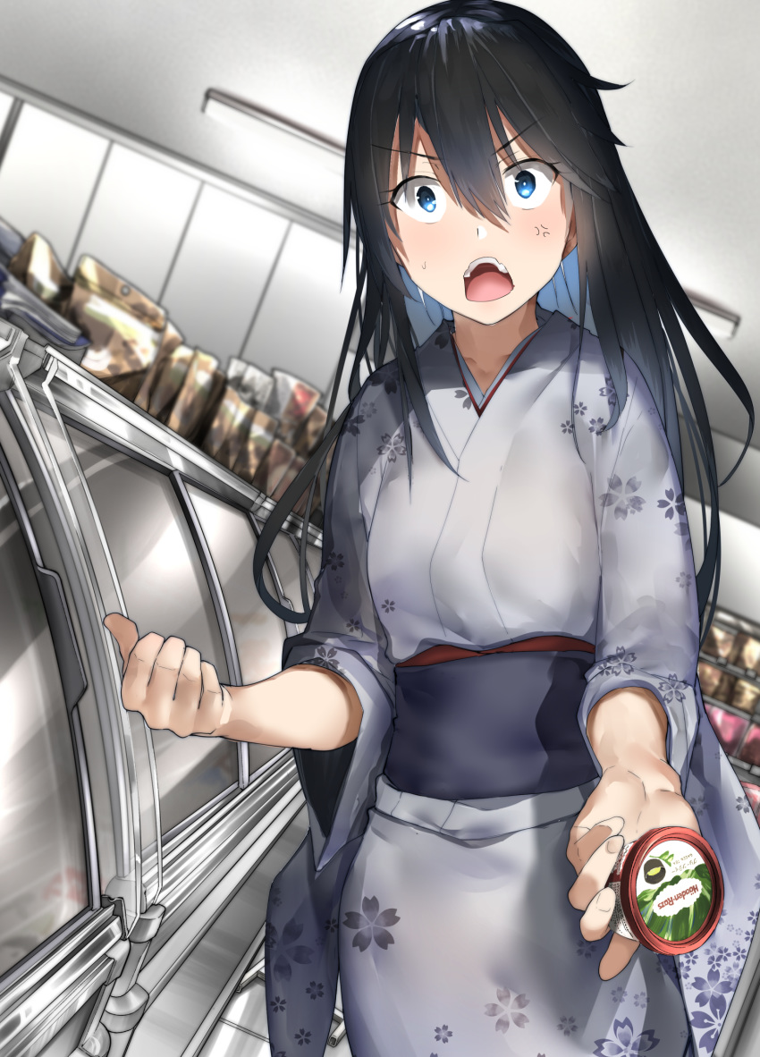 anger_vein angry araido_kagiri black_hair blue_eyes brand_name_imitation check_commentary commentary_request cowboy_shot female haagen-dazs hair_between_eyes highres holding indoors japanese_clothes kimono long_hair looking_at_viewer original solo standing v-shaped_eyebrows yuki_onna yuki_onna_(araido_kagiri)