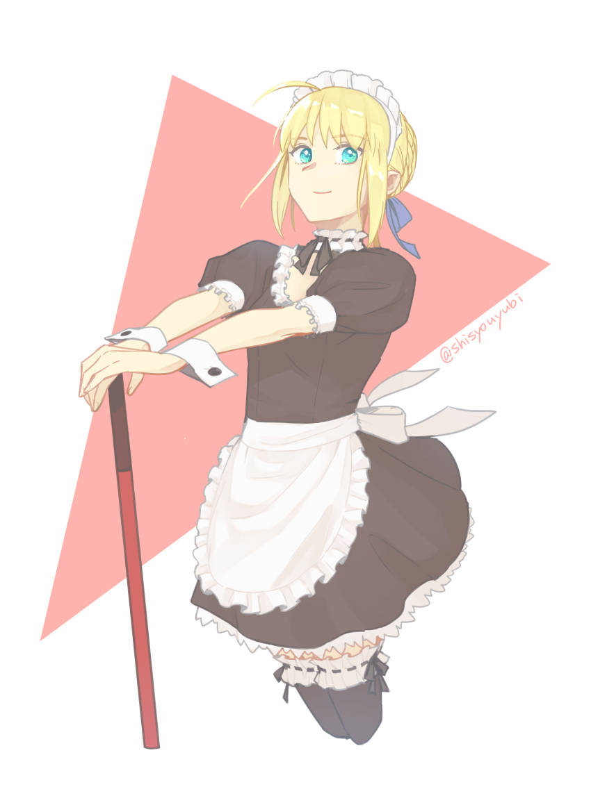 ahoge apron artoria_pendragon_(fate) black_ribbon black_shirt black_skirt black_thighhighs blonde_hair blue_ribbon braid braided_bun broom choker commentary_request cowboy_shot cropped_legs fate/stay_night fate_(series) female frilled_apron frills hair_bun hair_ribbon hands_on_hilt highres looking_at_viewer maid_headdress miniskirt neck_ribbon official_alternate_costume ribbon saber_(fate) shayubi shirt short_hair short_sleeves simple_background skirt solo thighhighs twitter_username waist_apron white_apron white_background wrist_cuffs zettai_ryouiki