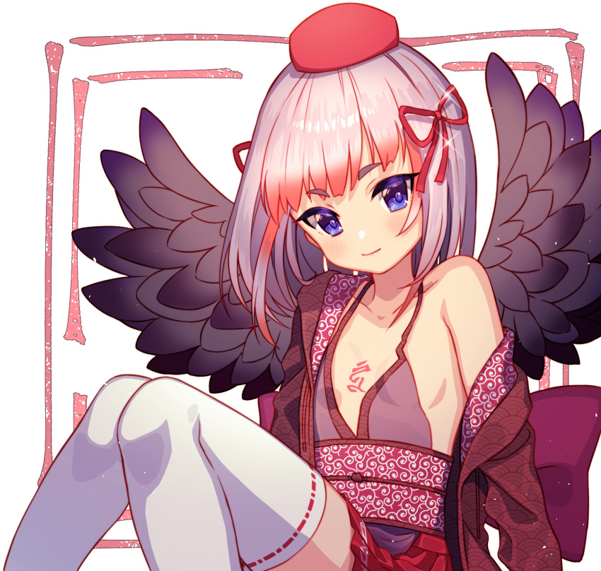 bad_id bad_pixiv_id black_wings blush chest_tattoo commentary female flat_chest grey_hair hair_ribbon hat highres indie_virtual_youtuber jugemu_(qqkyon) karakusa_(pattern) knees_together_feet_apart looking_at_viewer medium_hair obi off_shoulder purple_eyes red_hair red_ribbon ribbon ribbon-trimmed_legwear ribbon_trim sash seigaiha senba_kurono sitting smile solo tattoo thighhighs tokin_hat virtual_youtuber white_background white_thighhighs wings