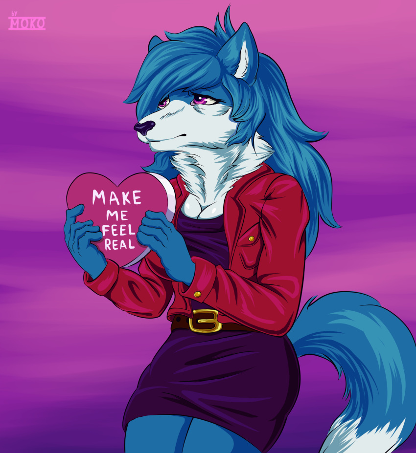 absurd_res anthro avi_(moko) big_breasts blue_body blue_fur breasts canid canine canis depressing depression female fluffy fluffy_tail fur heart_symbol hi_res mammal moko_(artist) mood sad solo tail white_body white_fur wolf