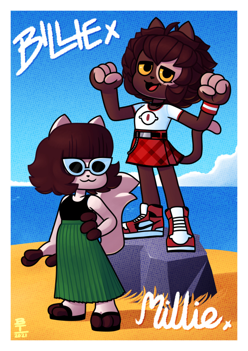 2021 beach billie_(wazzaldorp) border bottomwear clothing domestic_cat duo english_text eyewear felid feline felis female footwear furgonomics hi_res long_skirt mammal millie_(wazzaldorp) nike pattern_bottomwear pattern_clothing pattern_skirt perspective-incorrect_bottomwear perspective-incorrect_clothing perspective-incorrect_plaid perspective-incorrect_skirt perspective-incorrect_texturing plaid plaid_bottomwear plaid_clothing plaid_skirt rock sandals seaside shoes skirt sneakers sunglasses tail tail_through_skirt tail_under_skirt text wazzaldorp white_border wristband