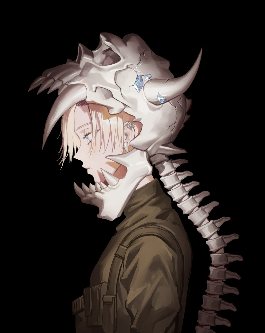 1boy absurdres black_background blue_eyes bone crack crystal ear_piercing folded_fan folding_fan glint hand_fan helmet highres horns male_focus migumi oerba_yun_fang original piercing profile sharp_teeth simple_background single_horn skull solo spine teeth turtleneck upper_body