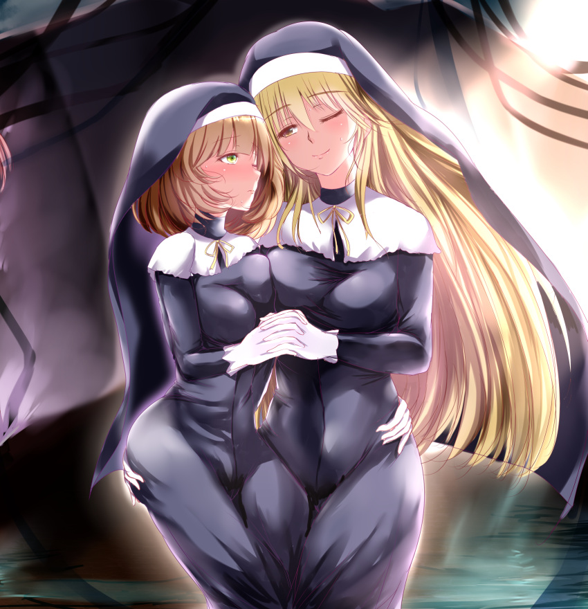 2girls ;) andrew_(duel_angel) blonde_hair blush breast_press breasts brown_hair commentary duel_monster exosister_elis exosister_stella eyes_visible_through_hair gloves green_eyes hand_on_another's_hip height_difference highres holding_hands large_breasts long_hair looking_at_another medium_breasts multiple_girls nun one_eye_closed orange_eyes smile symmetrical_docking traditional_nun white_gloves yu-gi-oh! yuri