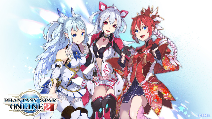 3girls ahoge artist_request bad_source bare_shoulders blue_eyes blue_hair boots braid breasts cleavage collarbone copyright_name elbow_gloves fingerless_gloves gloves gradient_background grey_hair hair_ornament hair_rings harriet_(pso2) highres jacket japanese_clothes logo long_hair looking_at_viewer matoi_(pso2) medium_breasts multiple_girls official_art open_mouth panties pantyshot phantasy_star phantasy_star_online_2 pointy_ears red_eyes red_hair simple_background single_braid skirt sleeveless smile thighhighs turtleneck twintails underwear very_long_hair white_panties wide_sleeves yasaka_hitsugi zettai_ryouiki