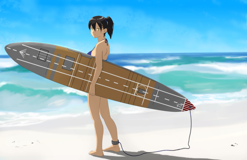 beach bikini black_hair blue_bikini blue_sky brown_eyes commentary day female halterneck holding holding_surfboard kaga_(kancolle) kantai_collection kontanro long_hair ocean outdoors sand short_sidetail side_ponytail sky solo standing surfboard surfboard_leash swimsuit water waves