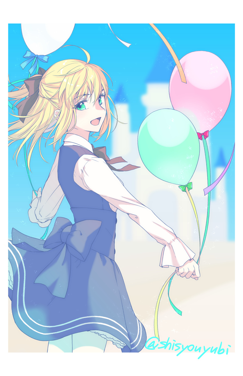 :d absurdres ahoge artoria_pendragon_(fate) balloon black_bow black_neckwear blonde_hair blue_bow blue_eyes blue_skirt bow collared_shirt commentary_request cowboy_shot fate/unlimited_codes fate_(series) female floating_hair green_bow hair_between_eyes hairbow highres long_hair long_sleeves looking_at_viewer miniskirt open_mouth pantyhose petticoat red_bow saber_lily saber_lily_(festival_outfit)_(fate) shayubi shirt skirt smile solo standing twitter_username white_pantyhose white_shirt wing_collar