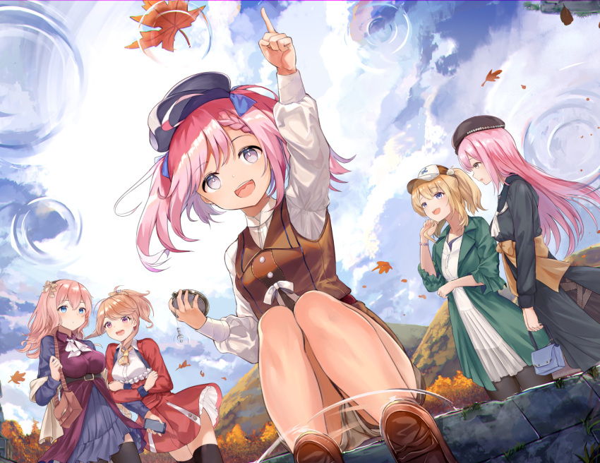 5girls :d achilles_(azur_lane) astoria_(azur_lane) autumn_leaves azur_lane bag baseball_cap belt belt_buckle beret black_belt black_dress black_headwear black_thighhighs blue_dress blue_sky blush bow breasts brown_bow brown_eyes brown_hair brown_headwear brown_panties brown_shorts brown_vest buckle cloud cloudy_sky collared_shirt commentary_request day dress green_jacket hair_between_eyes handbag hat high_ponytail holding holding_bag jacket leander_(azur_lane) long_hair long_sleeves medium_breasts mosta_(lo1777789) mountain multiple_girls one_side_up open_clothes open_jacket open_mouth outdoors outstretched_arm panties pantyhose pink_hair pleated_dress pocket_watch pointing ponytail purple_dress purple_eyes quincy_(azur_lane) red_dress reflection ripples saratoga_(azur_lane) shawl shirt short_shorts shorts shoulder_bag sky small_breasts smile teeth thighhighs underwear upper_teeth_only very_long_hair vest watch water white_dress white_shirt