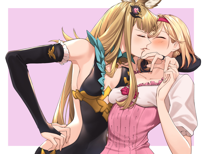 2girls animal_ears armpits bare_shoulders blonde_hair breasts bridal_gauntlets brown_hair closed_eyes commentary djeeta_(granblue_fantasy) elbow_gloves erune fighter_(granblue_fantasy) gloves granblue_fantasy hair_ornament hairband highres kissing long_hair medium_breasts metera_(granblue_fantasy) multiple_girls short_hair soruna_(nell) upper_body yuri