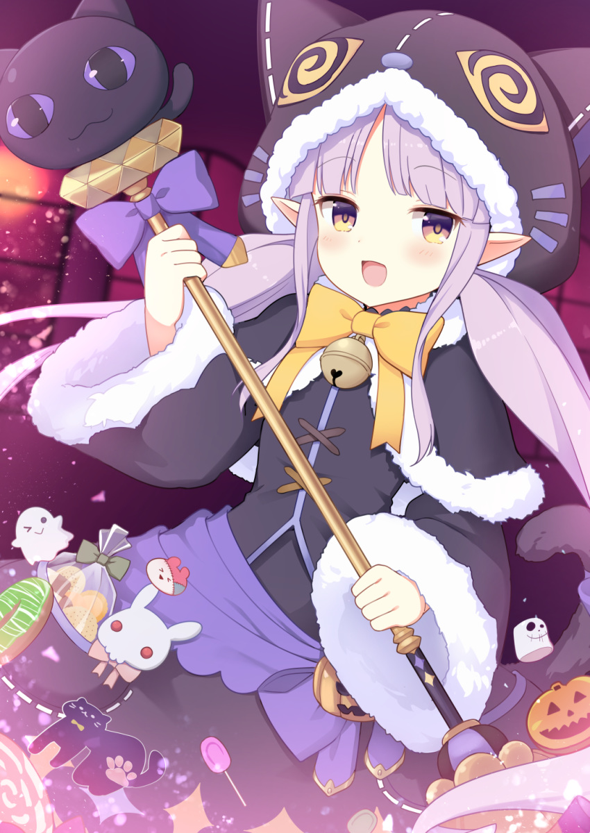 :d animal_ears animal_hood bad_id bad_pixiv_id bell bell_(oppore_coppore) black_capelet black_dress black_jacket black_skirt blurry blurry_background blush bow brown_eyes candy capelet cat_ears cat_girl cat_hood cat_tail commentary_request cookie depth_of_field doughnut dress elf fake_animal_ears female food fur-trimmed_capelet fur-trimmed_hood fur-trimmed_sleeves fur_trim ghost halloween highres holding hood hood_up hooded_capelet jack-o'-lantern jacket jingle_bell kyoka_(halloween)_(princess_connect!) kyoka_(princess_connect!) lollipop long_hair long_sleeves looking_at_viewer marshmallow open_mouth pointy_ears princess_connect! purple_bow purple_eyes sidelocks skirt smile solo tail tail_bow tail_ornament tail_raised twintails very_long_hair wide_sleeves yellow_bow