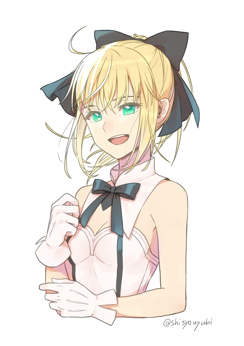 :d absurdres artoria_pendragon_(fate) black_bow black_ribbon blonde_hair bow breasts cleavage commentary_request cropped_torso detached_collar fate/unlimited_codes fate_(series) female floating_hair gloves green_eyes hair_between_eyes hair_ribbon hairbow highres looking_at_viewer neck_ribbon open_mouth ponytail ribbon saber_lily shayubi simple_background small_breasts smile solo strapless twitter_username upper_body white_background white_gloves